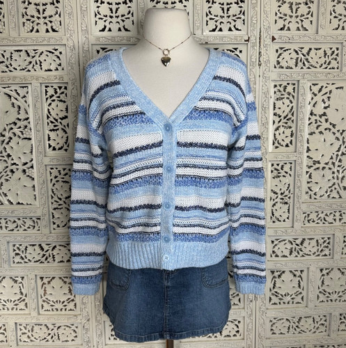 Talbots Blue & White Striped Chunky Button Up Grannycore Cardigan Sz Small