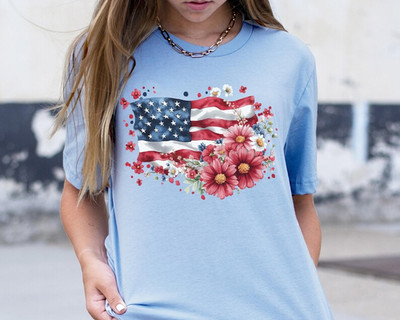 Floral American Flag Shirt 4th of July Patriotic USA Flag Wildflower Daisy Tee