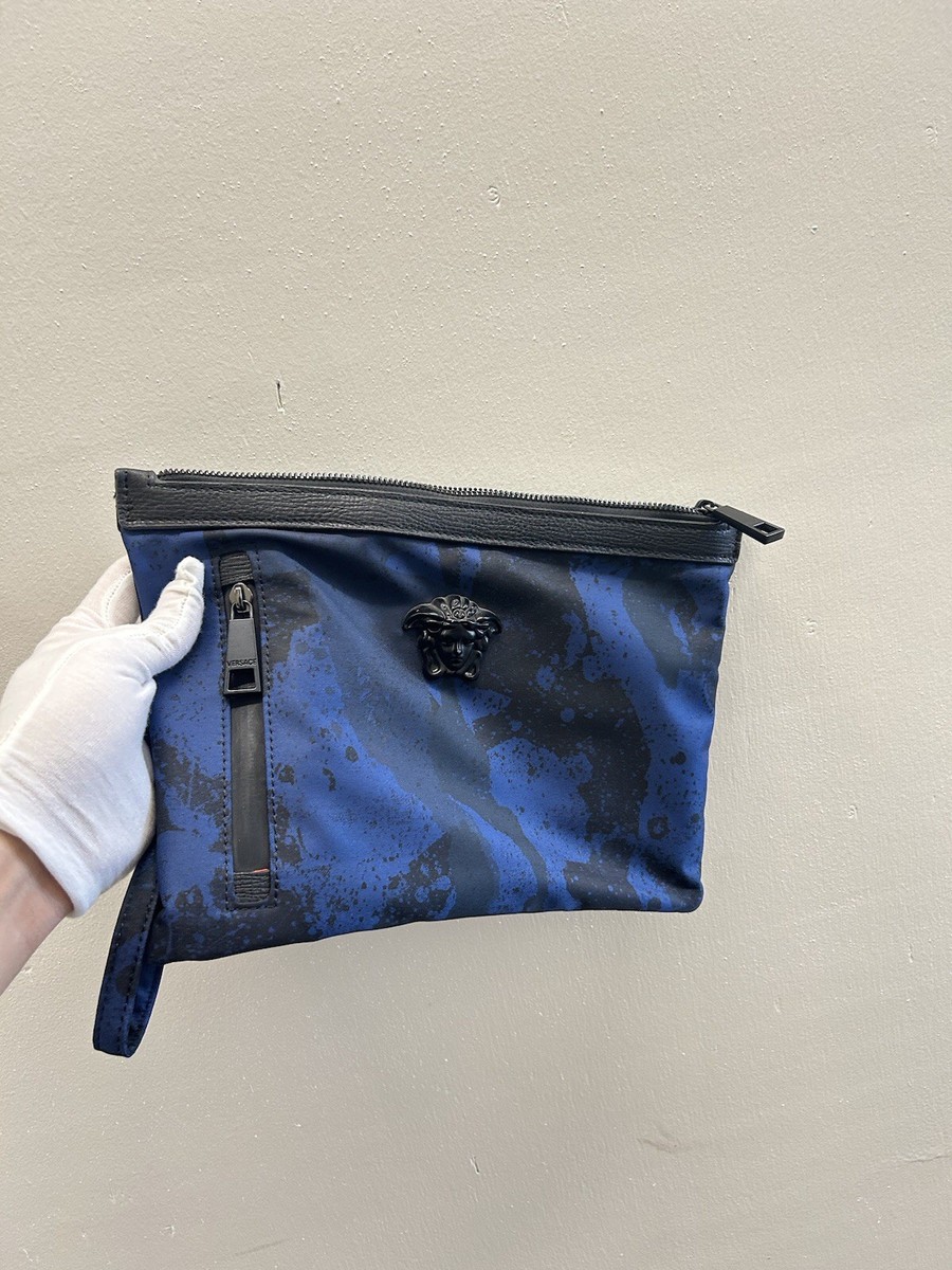 Versace La Medusa Blue Leather Biggie Money Pouch Camo Clutch Bag B3