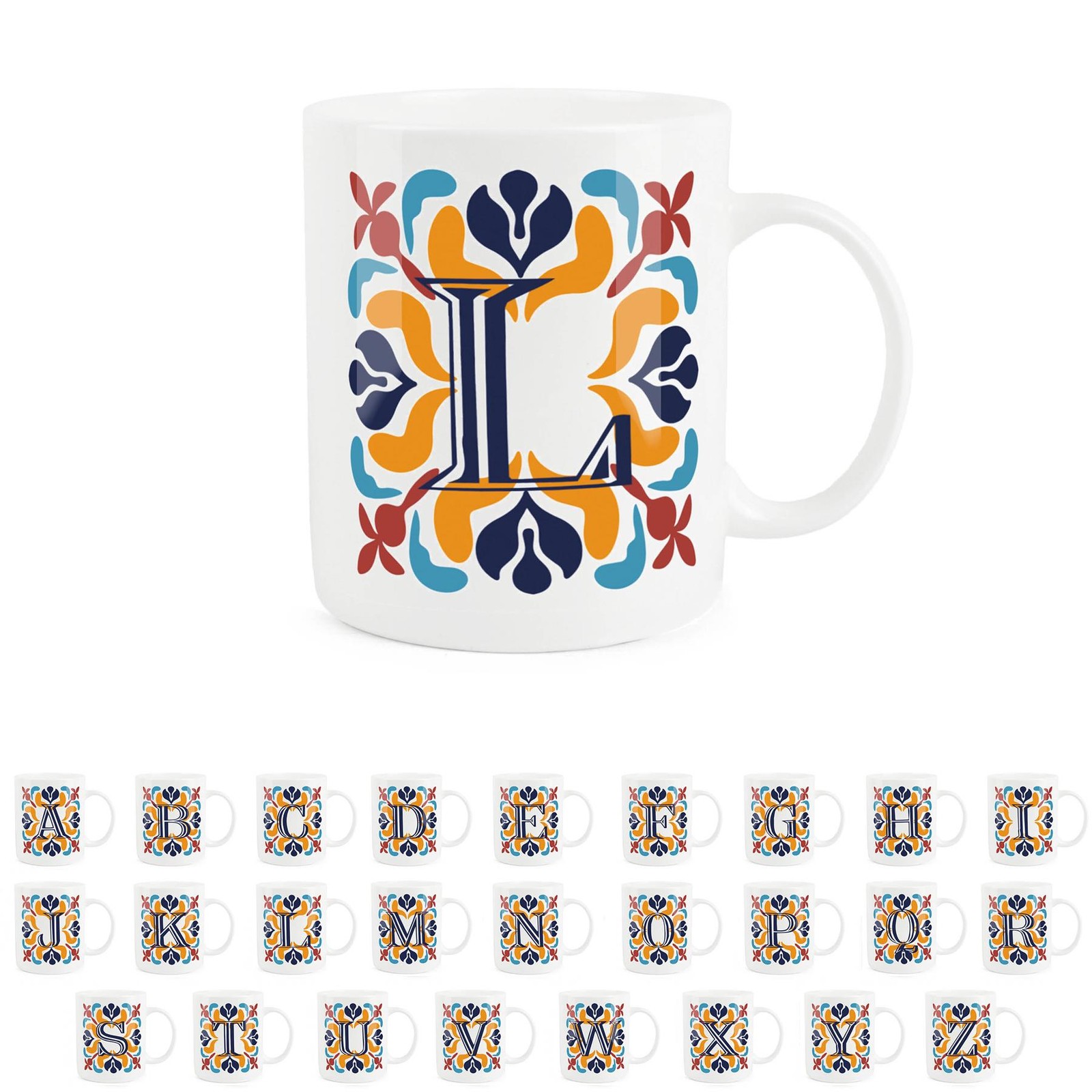 Moroccan Tile Letter L Mug - Red & Navy Bone China Alphabet Gift Mug
