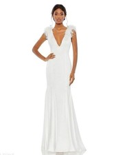 NEW Mac Duggal 68137 Satin Feather Shoulder V-Neck White Gown Dress Size 6 NWT