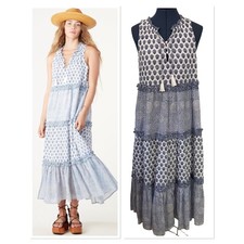 Cleobella Maddelyn Maxi Dress Blue Tiered Tassel Pockets Organic Cotton Beach M