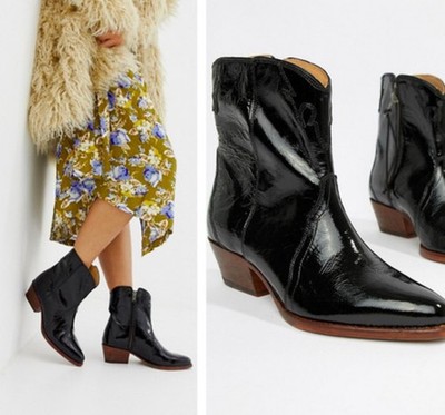 Free People Frontier Western Black Patent Leather Ankle Booties Size 38