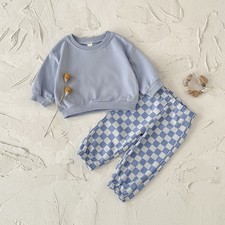 Baby Boy Girl Spring Solid Color Sweatshirt Checkerboard Trousers Two-Piece Set
