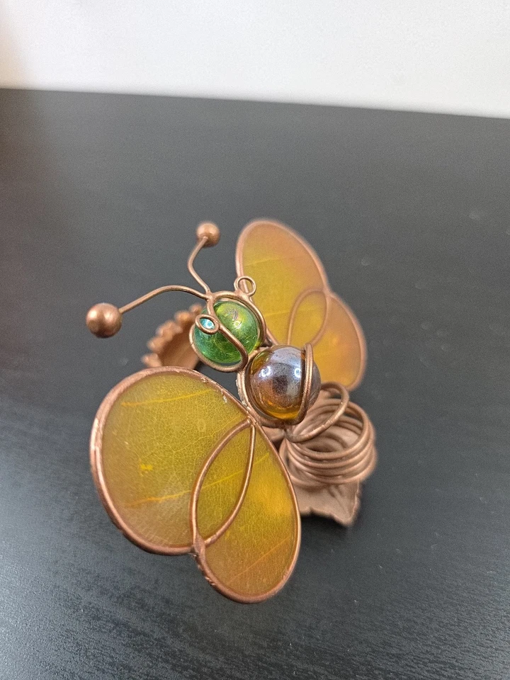 Stained Glass Butterfly Tea Light Candle Holder Green Brown Marbles - Image 2 of 3