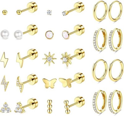 14 Paare chirurgische Stahl ohrringe Zirkonia Hoop Flach zurück Stecker piercing