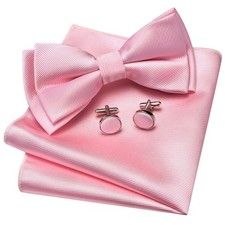 Mens Solid Color Two Layer Pre-tied Bow Tie and Pocket Square Cufflink Pink