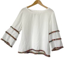 Cynthia Rowley Linen Petite PL White Fringe Blouse Coastal Resort Vacation