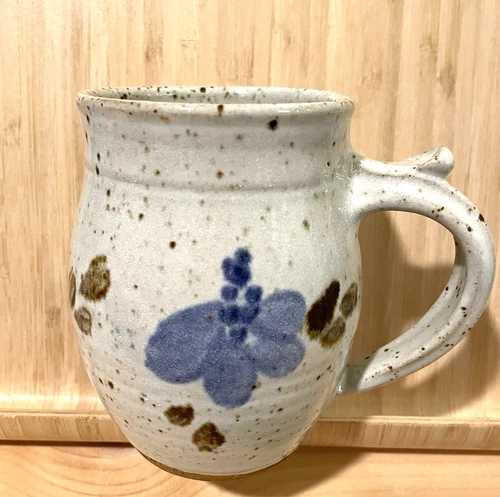 Studio Art Pottery Stoneware Mug Gray Blue Brown Speckled Glazed 4.25” Signed