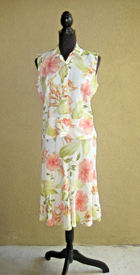 Kauaiana Hawaii rayon cream hibiscus floral 2 pcs sleeveless top skirt S/M