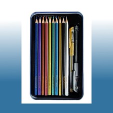 Metallic-Buntstifte, 10er Set + 2 Gelstifte in Gold und Silber in Metalldose