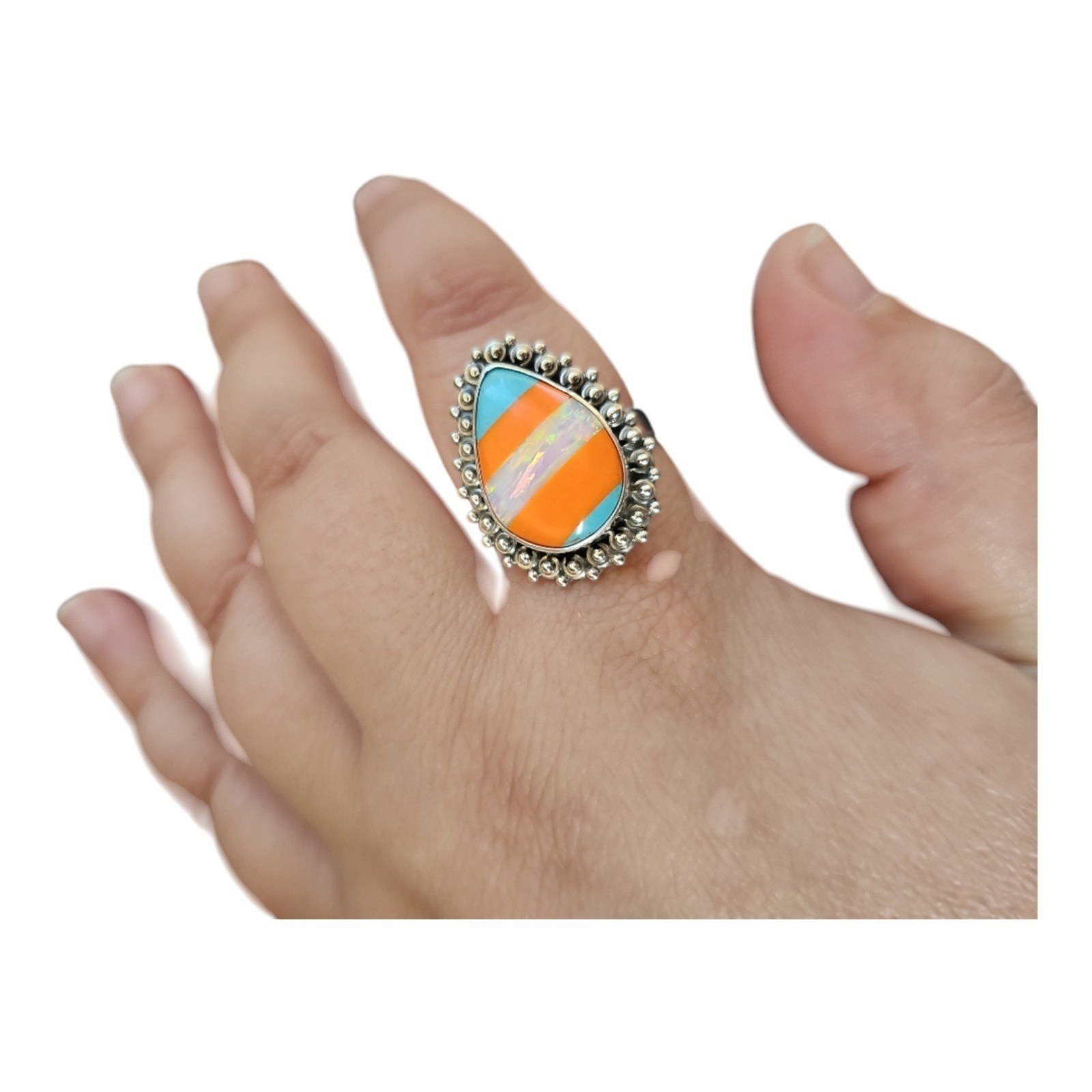 Aurora Fire Opal Natural Stripe Blue Orange Teardrop Ring Size 11 925 Sterling