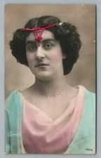 Woman Wearing Red Rosary Beads on Head RPPC Antique Hand Colored Necklace Photo