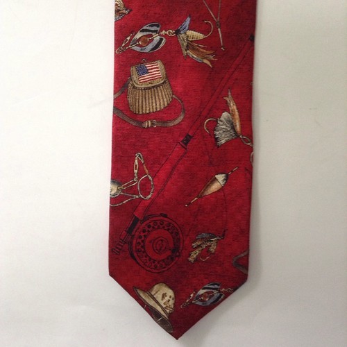Cintas Fishing Themed Silk Men's Neck Tie Red Lures Rod and Reel Fish Fisherman - Picture 2 of 3