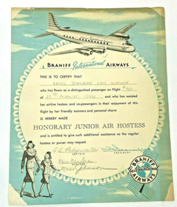 Vintage Braniff Airlines Ephemera Junior Air Hostess Certificate Flight