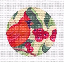 Cardinal Bird with Holly & Berries handpainted Needlepoint Canvas Amanda Lawford