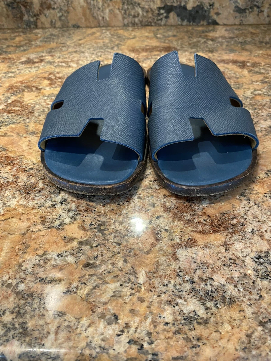 Hermes Blue Leather Izmir Slide Sandals 41