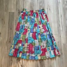 Vintage Alfred Dunner Pleated Midi Skirt Colorful Geometric Elastic Waist 14 EUC