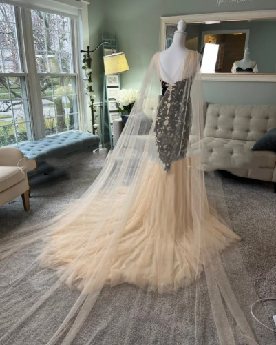 Chamapagne Gothic Wedding Dresses Mermaid Black Lace Tulle Bridal Gown Backless - Picture 3 of 9