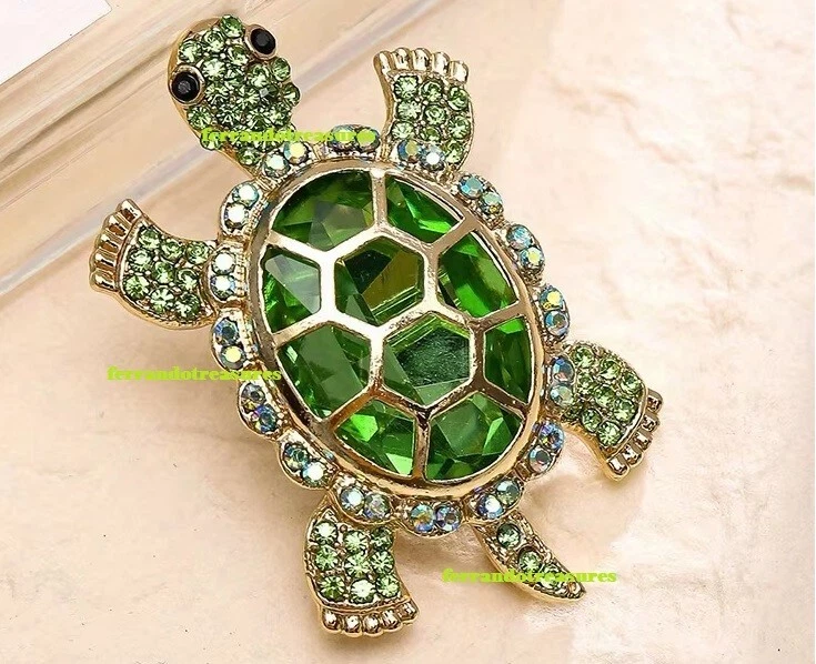 Tortuga con Grande Cristal Verde Estrás 2025 Broche Prendedor Tela Bolso Dorado VIDEO Foto 3 de 4