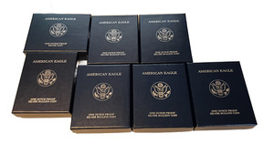 RARE Lot 7 US Mint American Silver Eagle Proof Velvet Clamshell Boxes + COA