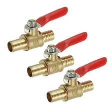 3 Pack 3/8" Brass Mini Ball Valve Shut-off Valve Hose Barb Red Handle Brass Tone