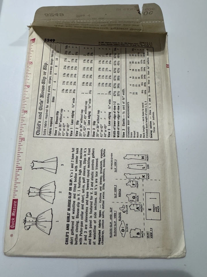 VTG Simplicity Pattern 5249 Girls Blouse-Slip Or Slip UC:FF Dress Size 4 Child - Image 2 of 3