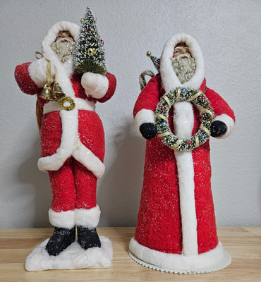 (2) Cotton Batting Old World Santa Claus Figures Great Condition Christmas