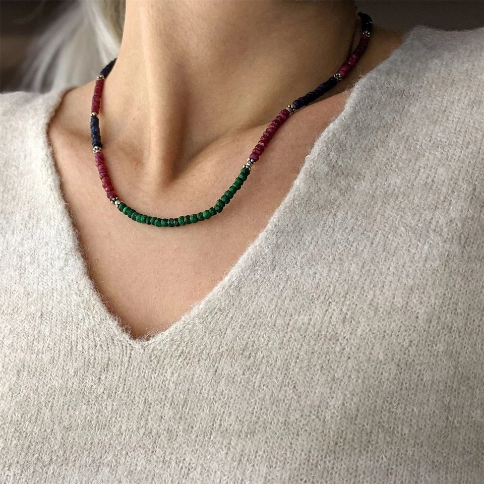 Silverly Collana In Argento 925 Pietra Preziosa Rubino Smeraldo Zaffiro 45-47cm - Immagine 3 di 4