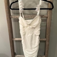 SHEIN BAE White Lace Bodycon Dress Ruched Adjustable Strap Mini Dress S 4 NWT