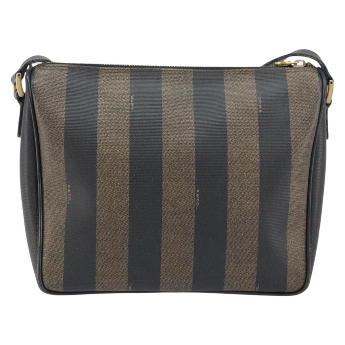 FENDI Pecan Canvas Shoulder Bag PVC Black Brown gold Auth gh1406
