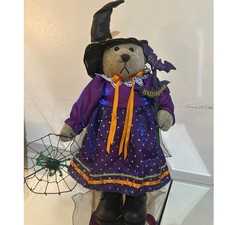Vint plush teddy bear dressed in purple black Halloween witch w/web spider New