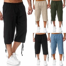 Men Cotton Linen 3/4 Length Cargo Shorts Three Quarter Joggers Cropped Pants 42