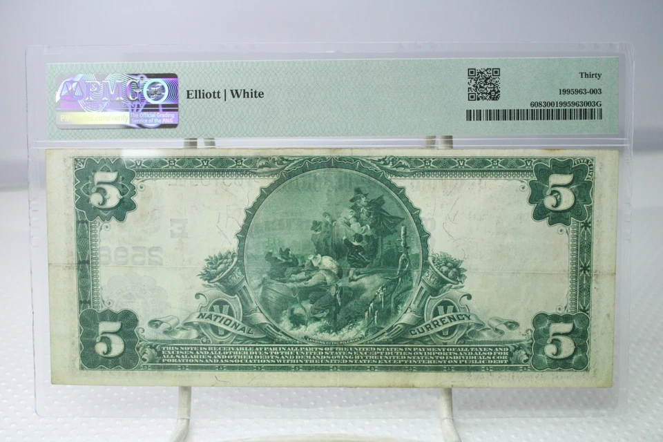 1902 $5 National Bank Note New York City Plain Back Fr#608 PMG 30 #2598 - Image 2 of 2