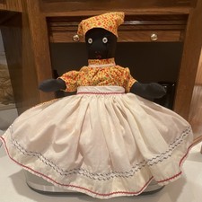 Handmade Rag Cloth Doll with Button Eyes, Floral Dress, Dark Complexion