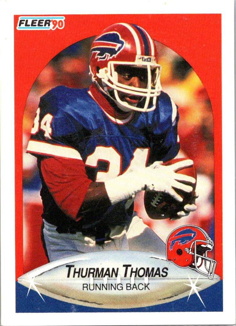 1990 Fleer #124a Thurman Thomas Lower right star of AFC logo aligned with blue