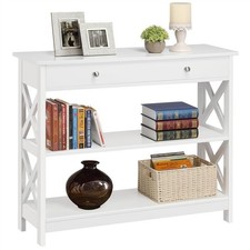 White Console Table with Drawer, 3 Tiers Slim Entryway Table for Living Room