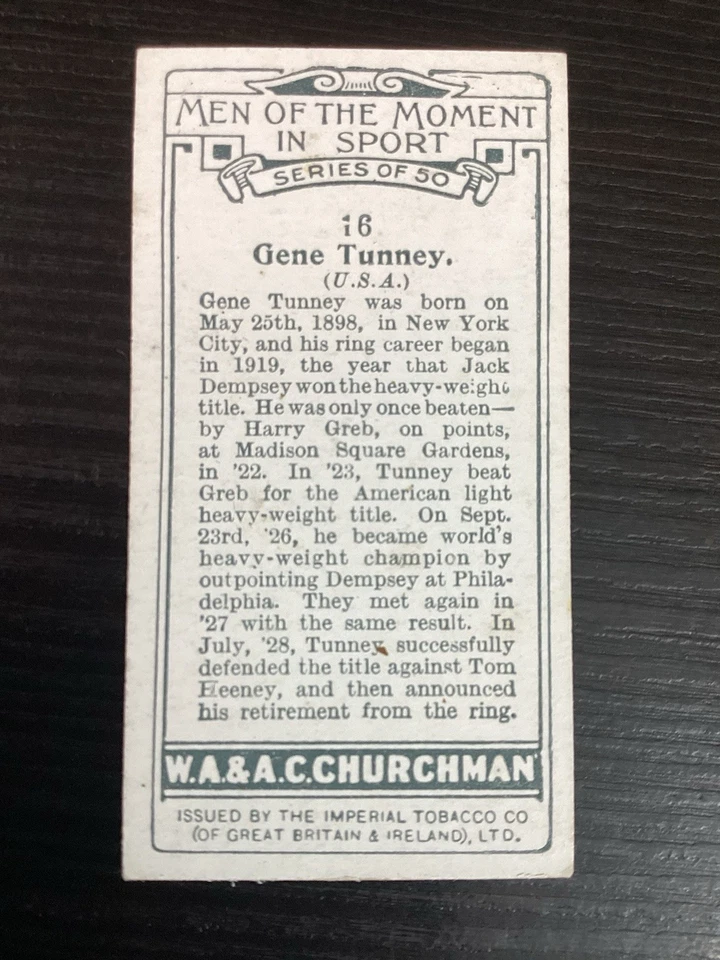 1928 Churchman's Men of the Moment in Sports #16 Gene Tunney - Boxing - Image 3 of 3