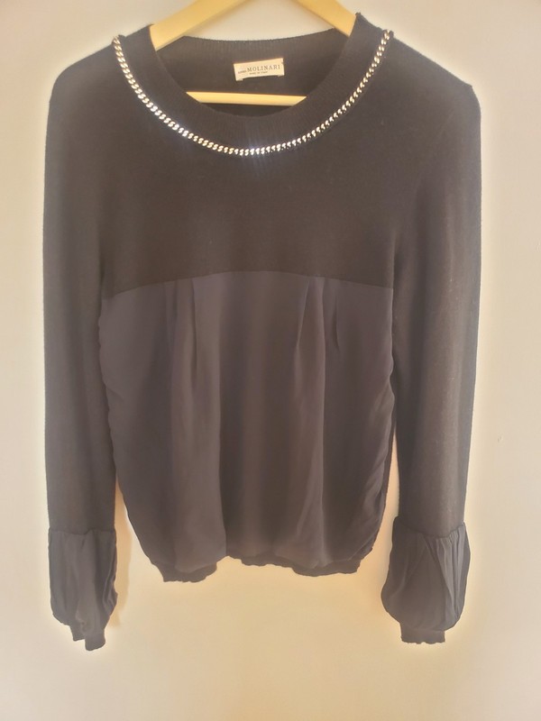 Y2K ANNA MOLINARY ITALY BLACK TOP BLOUSE METAL CHAIN DETAIL SWEATER SIZE S
