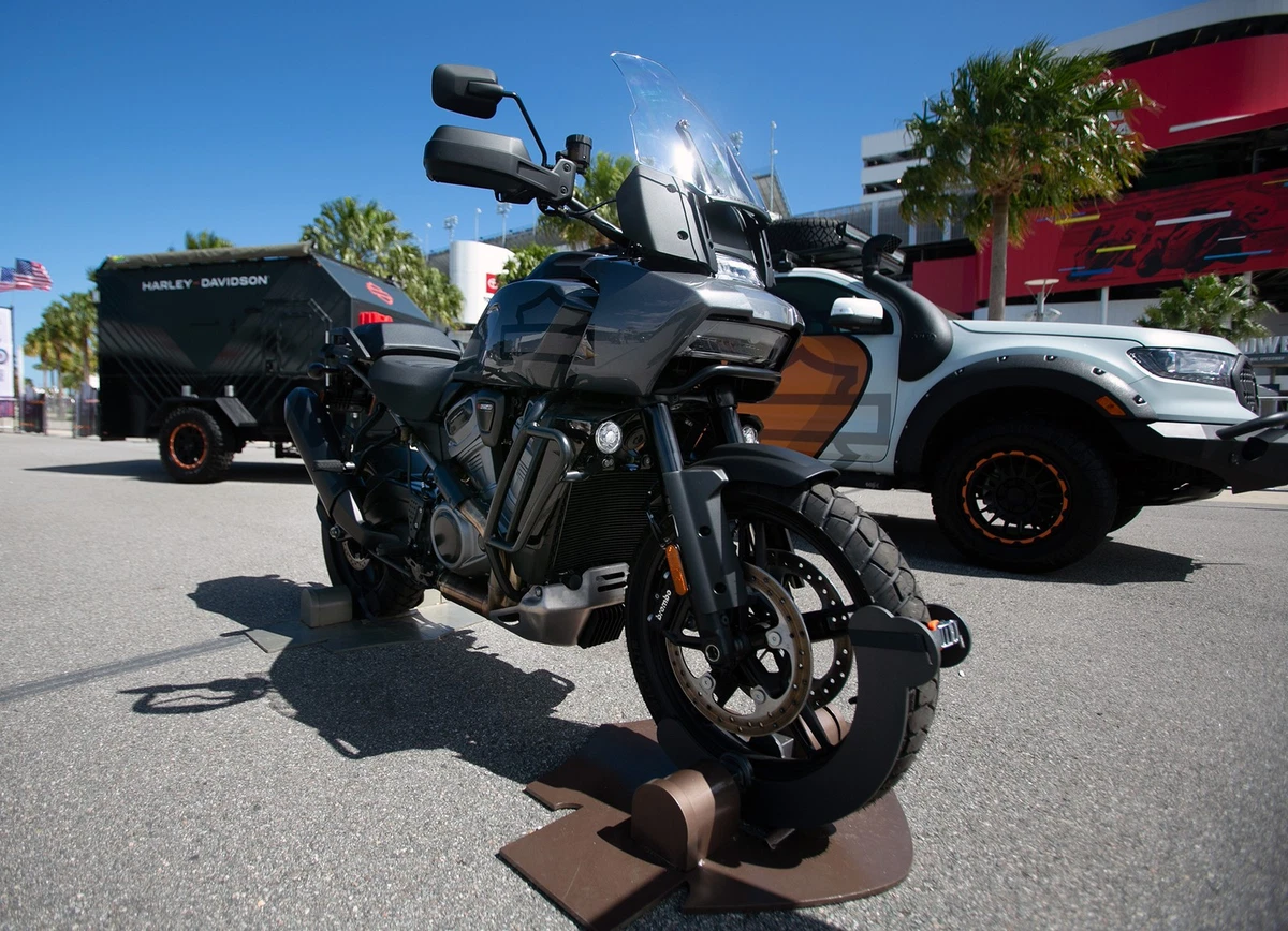 The Harley Davidson Pan America on display at the Daytona International Speedway