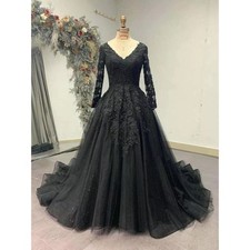 Gothic Black Wedding Dresses V Neck Long Sleeves Lace Appliques Bridal Gowns