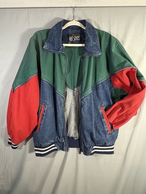 80s Vtg Colorblock Denim Retro Bomber Jacket sz M Hong Kong Unisex Streetwear