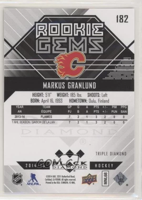 2014-15 Upper Deck Black Diamond Rookie Gems Markus Granlund #182 Rookie RC - Image 2 of 2