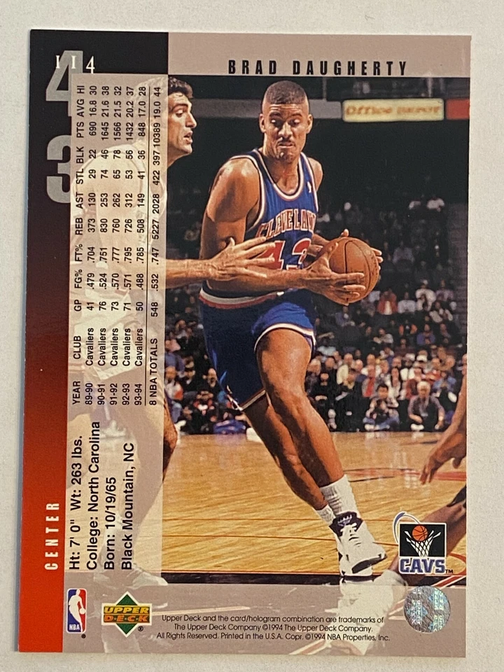 1994 Upper Deck #114 Brad Daugherty Cleveland Cavaliers - Image 2 of 2