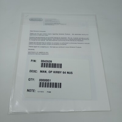 Rare Direct From Nintendo Manual And Correspondence (N64 Kirby 64)