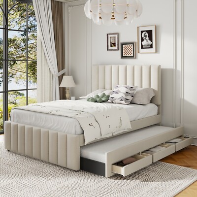 Full Size Bed Frame Upholstered Platform Bed with Pull Out Trundle and 3 Drawers