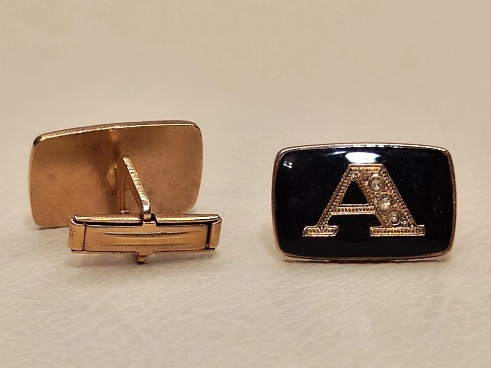 A Monogram Initial Letter Font Name Vintage SWANK Cuff Links-2 TONE GOLD BLACK - Image 4 of 4