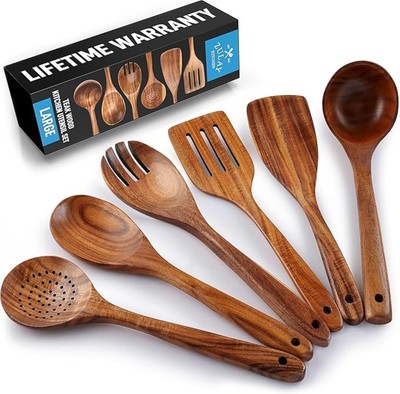Zulay Kitchen Extra-Large 6-Piece Wooden Spoon Set for Cooking - Smooth Teak