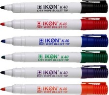 10 x Ikon K40 Jumbo Whiteboard Marker Pens Bullet Tip Dry Wipe Markers