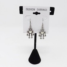 Silver-tone & Cream Enamel Robots Fish Hook Wire Earrings - New